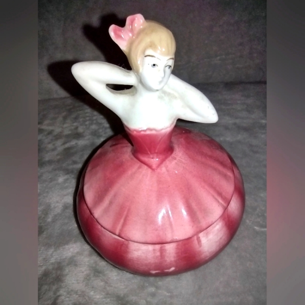 Vintage West Germany Porcelain Mauve Dancer Trinket Box with Lid
